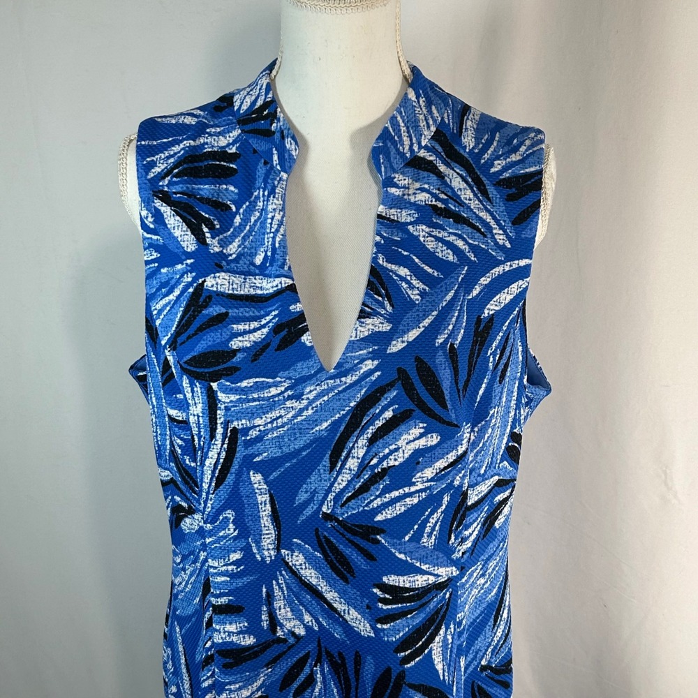 Cappagallo Blue White Abstract Leaf Print Sleeveless V-Neck Midi Dress Size 14‎ - Picture 2 of 7